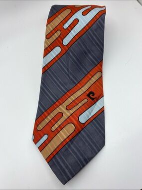 Vintage Pierre CardinMen's Gray Tie with Orange and Light Blue Graphic Stripes